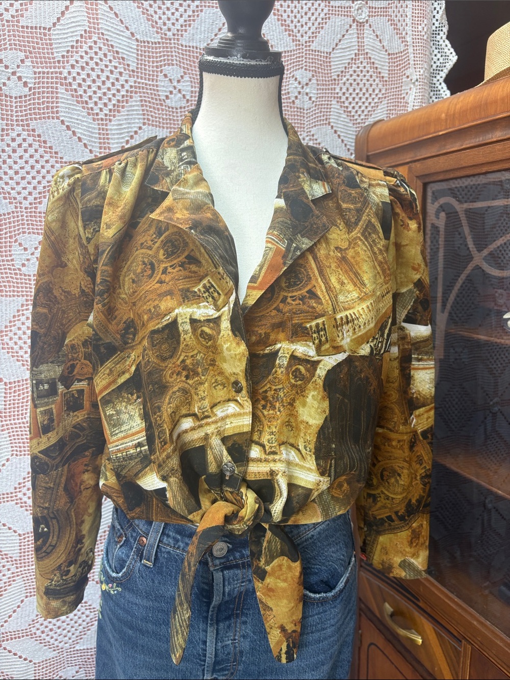 Vintage Shin Nik Baroque Print Tie-Front Blouse Shoulder Pads